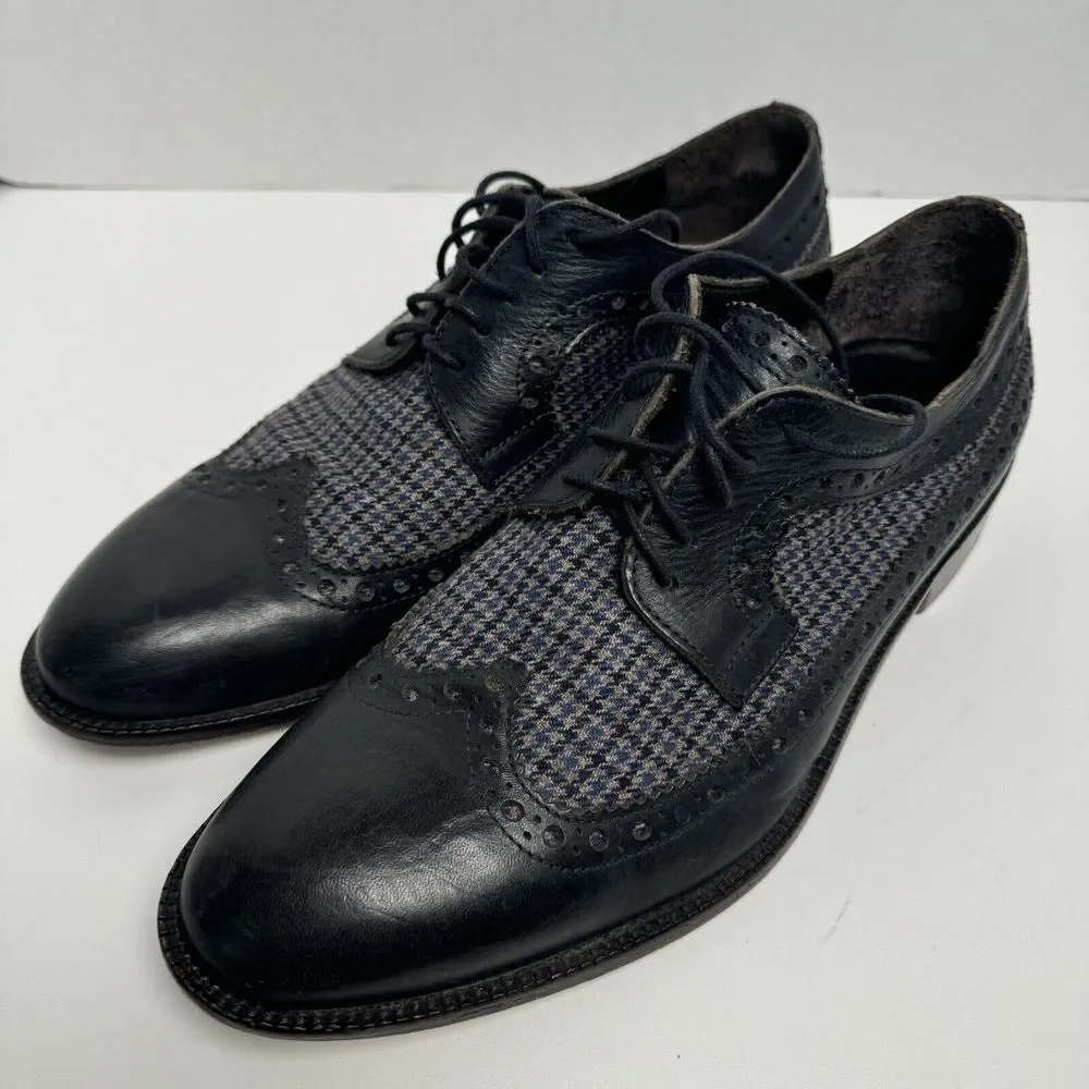 Paul Frederick Art Check Wing Tip Blue Leather Shoes 8M #FFK115D‎